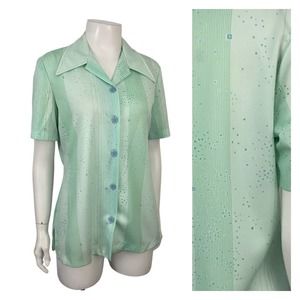 1970s Sea Foam Green Stripe Button Up Smock Blouse Shirt / Women’s Large